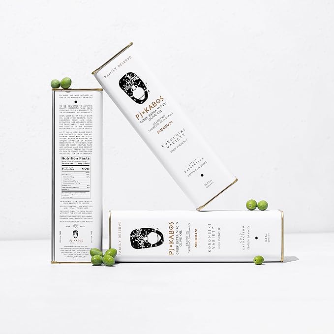 P.J. KABOS 2024/25 Harvest, High Phenolic (450+mg/kg), Premium Greek Extra Virgin Olive Oil, Kosher, Greece, Cold Extracted, 3 x 16.9 oz Tin, Koroneiki, "Family Reserve - Medium"