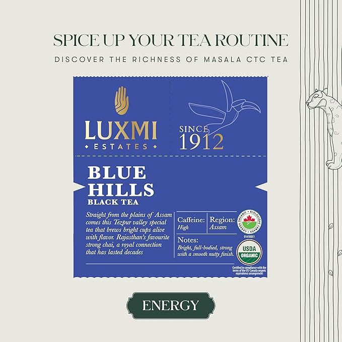 Luxmi Estates Blue Hills Organic CTC Assam Black Tea (50 Tea Bags) Caffeinated Tea Bags For A Morning Boost and Natural Energy, With Certified Organic Jodhpur Black Tea Blend