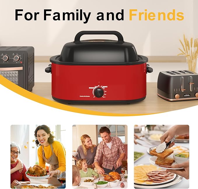 22 Quart Electric Roaster Oven with Viewing & Self-basting Lid, Turkey Roaster Oven with Removable Pan and Rack, RED