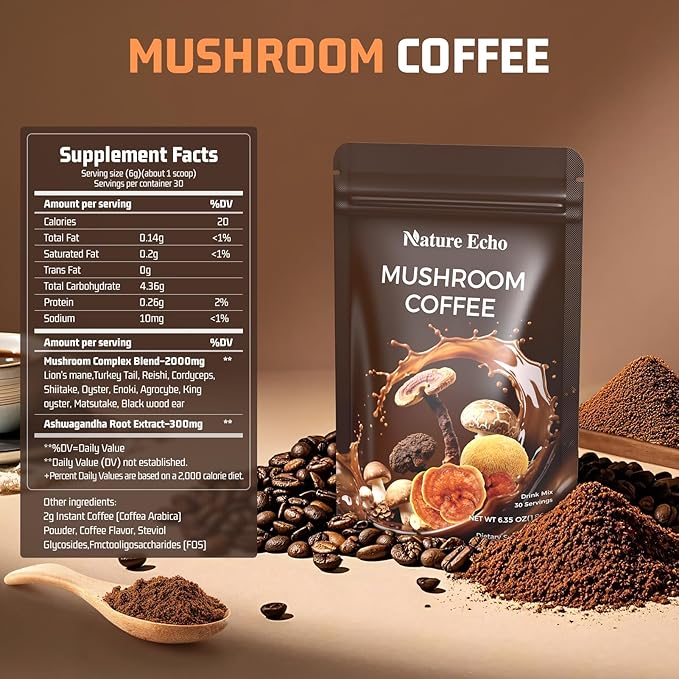 Mushroom Coffee 11 in 1 Mushrooms with Ashwagandha, Lion's Mane, Reishi, Cordyceps, Shiitake, King Oyster & Turkey Tail,Instant Coffee Powder for Boosts, Energy, Focus & Immunity Support(30 Servings)