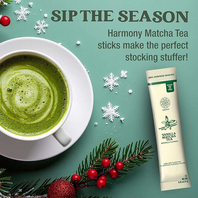 The Harmony Matcha Vanilla (10 Sticks) Premium Sweetened Japanese Matcha Powder, Rich in Antioxidants & L-Theanine, Dairy, Gluten, & Preservative Free, Serve Hot or Iced