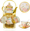 20 Pieces European Ceramic Tea Set for Adults With Metal Holder and Flower Painting (Large Cream Version)