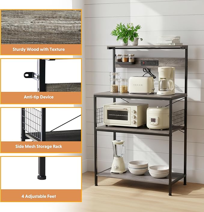 Simple Deluxe Kitchen Bakers Rack with Power Outlet, Coffee Bar Accessories Table, 4-Tier Adjustable Storage Shelf for Spices, Freestanding Appliance Organizer, 31.5 Inch, Gray