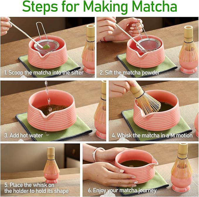 Matcha Whisk Set, Ceramic Matcha Bowl with Spout, Bamboo Whisk, Scoop, Sifter, Holder, Tea Towel, 7-Piece Matcha Kit for Making Breakfast/Latte, Square Pink, Large