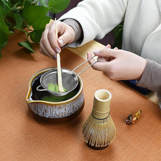 Artcome Matcha Tool Set - Complete Kit with Matcha Bowl with Spout, Bamboo Whisk, Tea Scoop, Whisk Holder, Scoop Holder, Tea Cloth & Powder Strainer, Golden Glaz