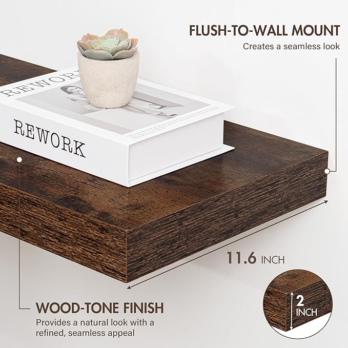 30 Inch Floating Shelves, 12" Deep Floating Shelf Wall Mounted, 30" Wall Shelves, Rustic Deep Bookshelf, Extra Deeper & Thicker Display Shelves for Bedroom, Living Room, Brown, Set of 2