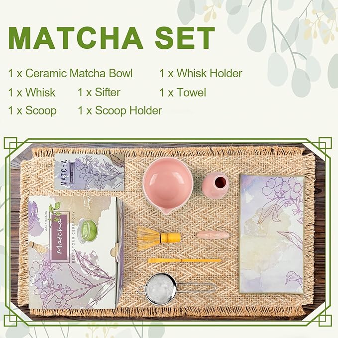 Matcha Whisk Set––7pcs Japanese Matcha Set Kit with Matcha Bowl, Bamboo Whisk, Whisk Holder, Scoop, Towel&Sifter–Perfect for Matcha Lovers&Tea Ceremonies-Cherry Blossom Pink