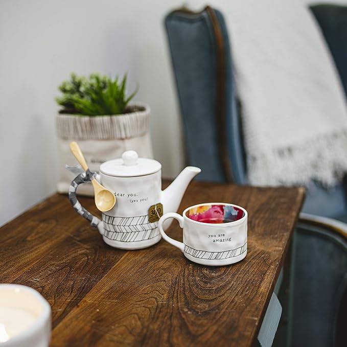 Pavilion Gift Company Dear You 15 oz Ceramic Tea for One, 3 Piece Set, White