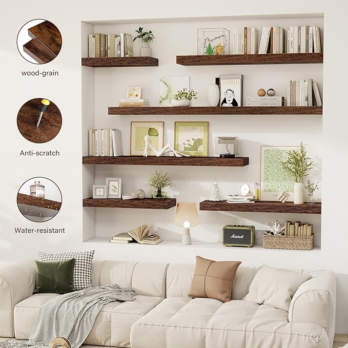 30 Inch Floating Shelves, 12" Deep Floating Shelf Wall Mounted, 30" Wall Shelves, Rustic Deep Bookshelf, Extra Deeper & Thicker Display Shelves for Bedroom, Living Room, Brown, Set of 2