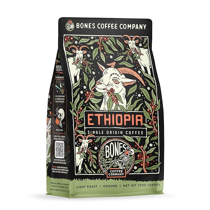 Bones Coffee Company Ethiopia Single-Origin, Citrus, Floral and Berries Notes, Ground Coffee Beans, Low Acid Light Roast Arabica Beans Flavored Coffee, 12 oz Ground