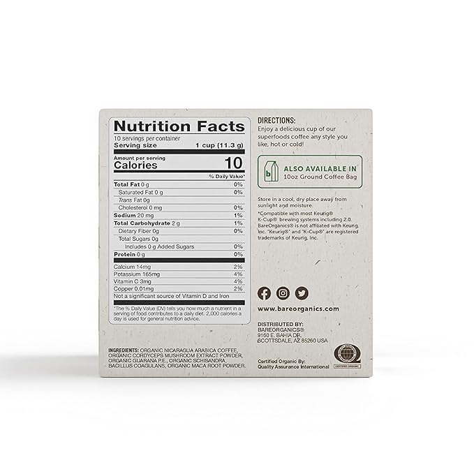 BareOrganics ENERGIZING USDA Organic Coffee Pods Infused with Superfoods & Probiotics, Keurig K-Cup Compatible, Vegan, Gluten Free, 20 Single (Pack of 2)