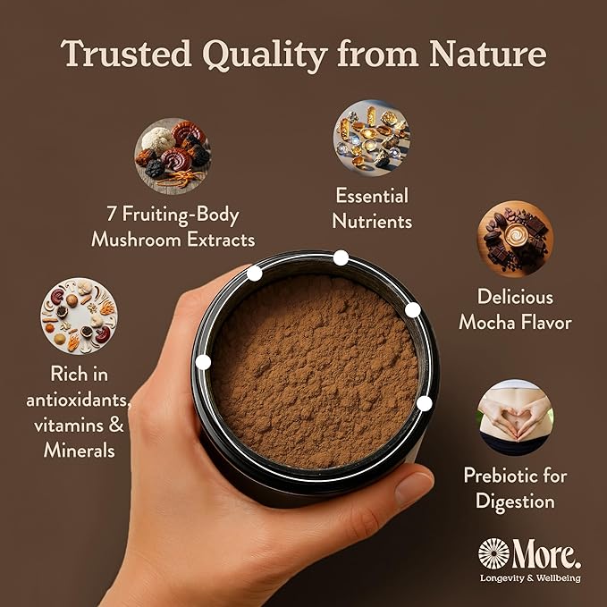 More. Longevity & Wellbeing Premium Mushroom Coffee Superfood – 7 Functional Mushrooms with Lions Mane Supplement, Reishi, Chaga & Ashwagandha Extract, Instant Coffee Alternative with Prebiotics and Essential Vitamins for Focus & Energy, Mocha