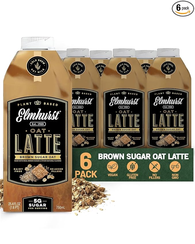 Elmhurst 1925 Brown Sugar Oat Milk Latte – Plant-Based, Vegan, Dairy-Free Latte Made of Whole Grain Oats, Cold Brew Premium Arabica with 95mg Caffeine & Real Brown Sugar – 25.4oz (Pack of 6)