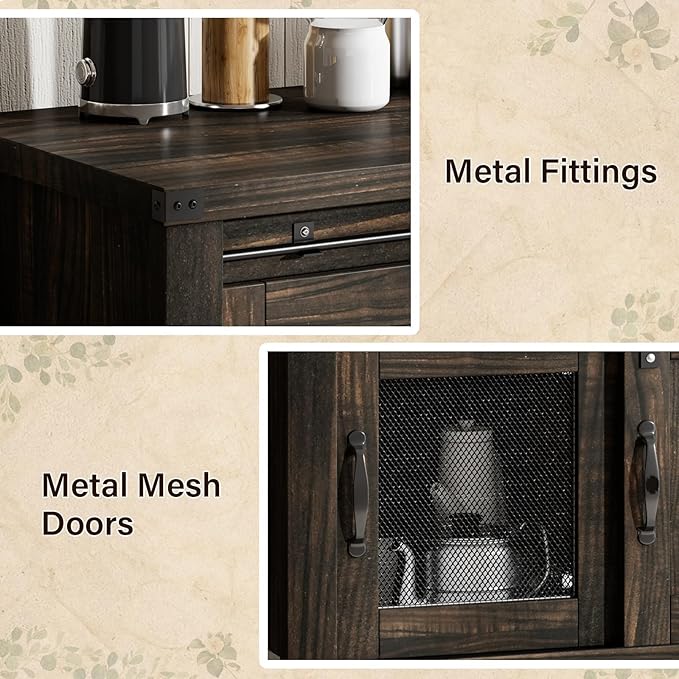 4ever2buy Farmhouse Coffee Bar Cabinet with Storage, 47'' Coffee Bar Table with Sliding Barn Door, Buffet Cabinet with Metal Mesh Doors, Console Table with Bottom Open Shelf, Brown