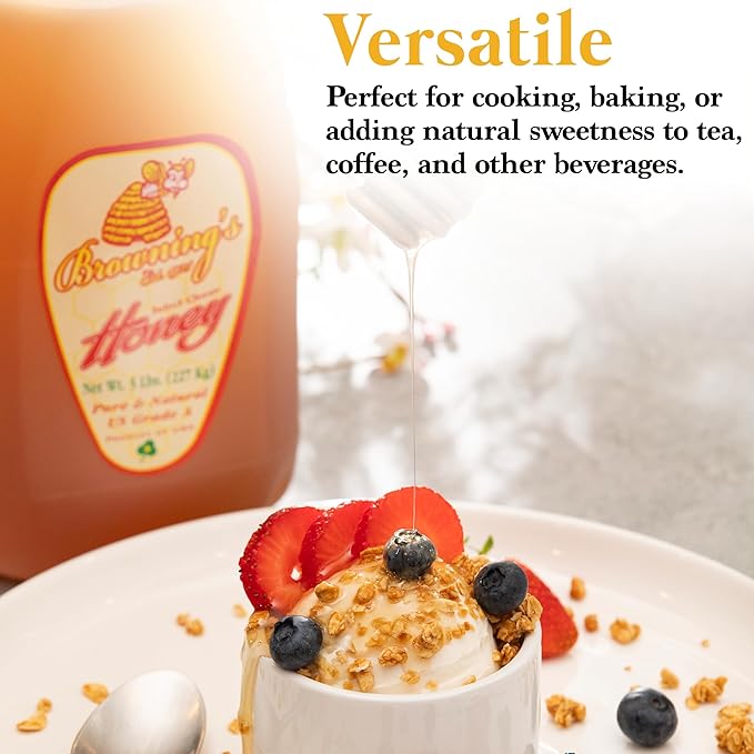 Browning's Honey Jug - Pure Raw Clover Honey, Natural Sweetener, Unfiltered and Unpasteurized, Perfect for Cooking, Baking, and Beverages (5 lb Jug)