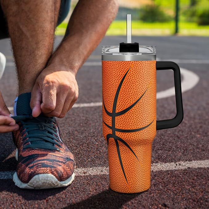 SANDJEST Basketball Tumbler with Handle 40oz Lid & Straw, Insulated Coffee Cup Gifts for Men Boys Players, Christmas Birthday