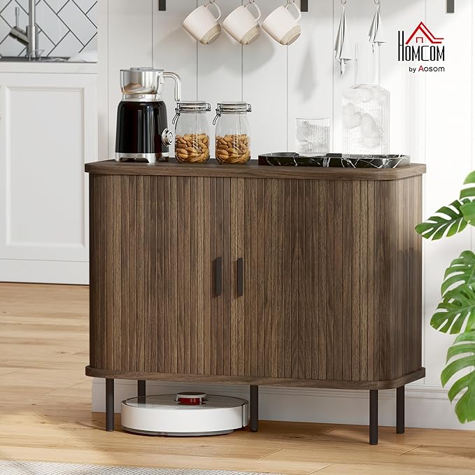 HOMCOM 35.4" Sideboard Buffet Cabinet with Storage, Nordic Coffee Bar Cabinet with Slatted Tambour Doors and Metal Legs, Kitchen Credenza, Walnut