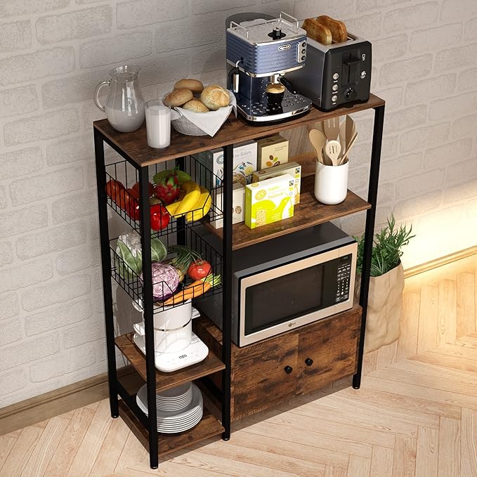 5-Tier Kitchen Bakers Rack,Microwave Oven Stand with Shelves,Utility Storage Shelf with Hutch,Free Standing Kitchen Rack Organizer