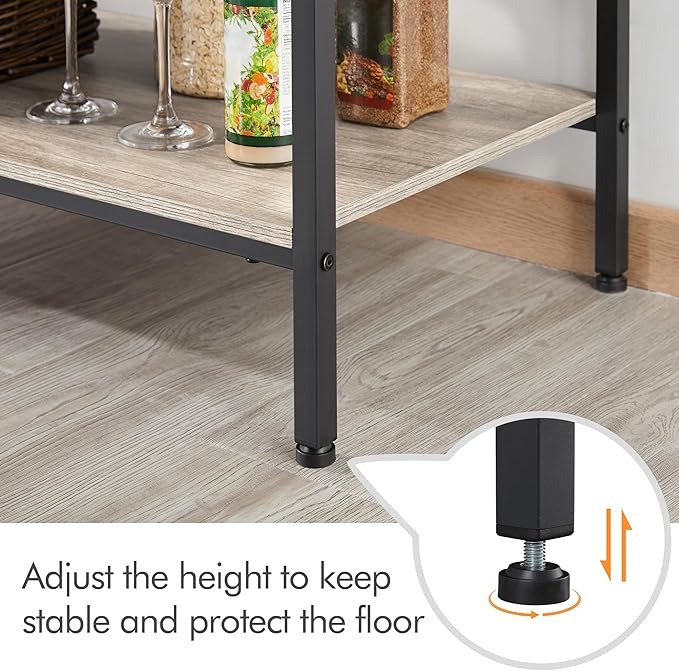 Yaheetech Bakers Rack with Power Outlet, Shelf Unit Coffee Bar Station with 5 S-Hooks & Adjustable Feet, Microwave Stand with Storage Shelf for Dinning Room/Living Room, Gray
