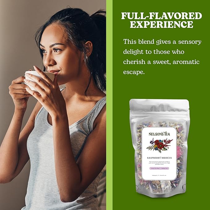 Nelson's Tea Raspberry Hibiscus Tea - Caffeine Free, Cut & Sifted Green Rooibos, Honeybush, Dried Raspberries, Acai, and Pomegranate Loose Leaf (16 oz)