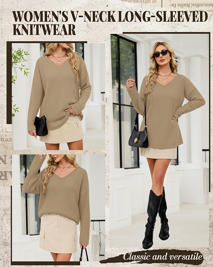 Women's V Neck Sweater Long Sleeve Knit Oversized Shirt Loose Lightweight Fall Casual Pullover Sweater Top