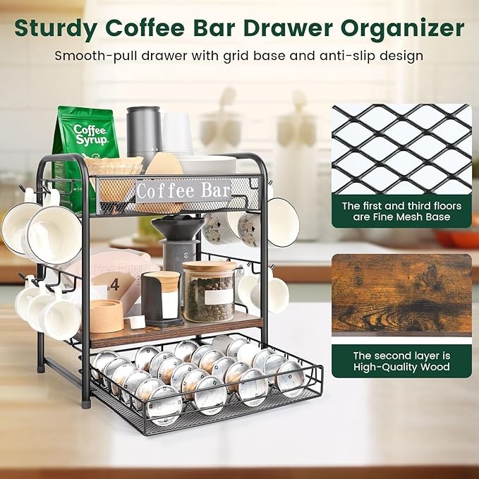 Coffee Bar Organizer, Station Mug Holder for Countertop, Multi-Functional 3 Tier Coffee Cup Tree Rack for Kitchen, Storage Shelf with 10 Hooks, Vertuo Pods Drawer for Home Office