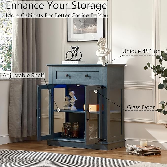 Modern 31.5'' Small Sideboard Buffet Cabinet with Storage,Small Coffee bar Cabinet with a Drawer and Adjustable Shelf,Glass Doors Sideboard Buffet with LED for Kitchen,Blue