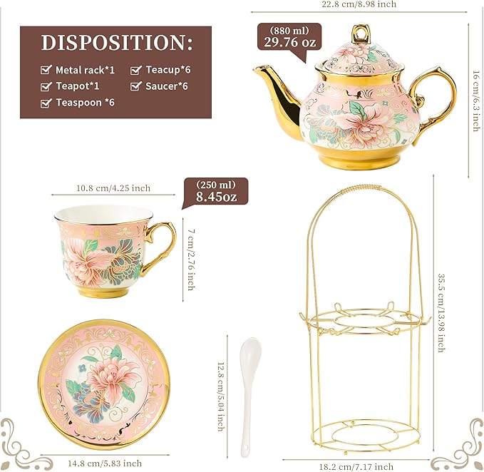 20 Pieces Porcelain Tea Set With Metal Holder, European Ceramic tea set for adults,Flower Tea Set,Tea Set For Women With Flower Painting (Large version, Pink)