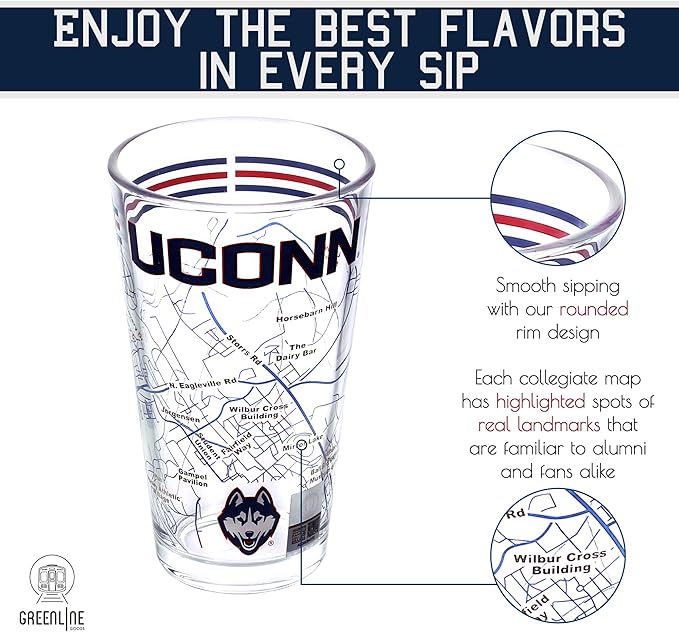 Greenline Goods – University of Connecticut Huskies College Pint Beer Glasses (Set of 2), 16 oz – Full-Color Logo + Campus Map