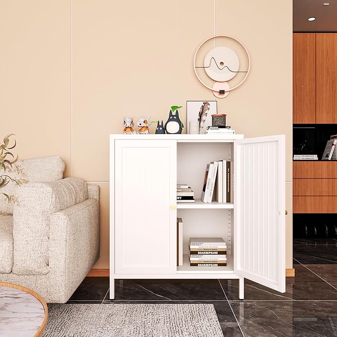 Small 2 Transparent Door Metal Storage Side Buffet Cabinet for Bed Room,Living Room,Entryway,Hallway,Home,Hotel,Office,Garage,Kitchen,1 Removable Shelf. (Striped Door, White)