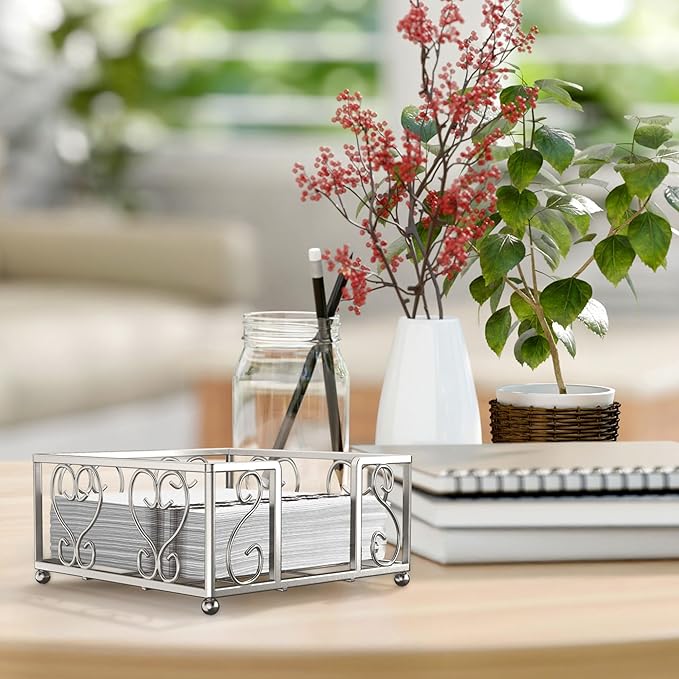 Cocktail Napkin Holder – Flat Napkin Caddy for 5x5 Paper Napkins, Weighted Beverage Napkin Holder for Table or Countertop, Sturdy Square Servilletero for Parties and Events, Home, Bar