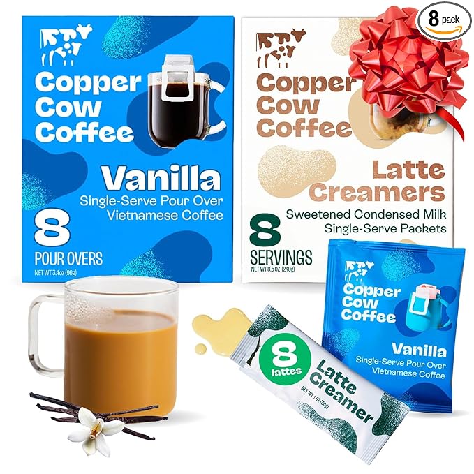 Copper Cow Coffee Pour Over Vietnamese Coffee Pouches + Sweetened Condensed Milk Creamers (8 Coffees & 8 Milk Creamers) | Vanilla Lattes, No Refrigeration Needed, Travel Friendly Ground Coffee