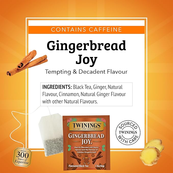 Twinings Gingerbread Joy Black Tea Individually Wrapped Bags, 20 Count (Pack of 1), Ginger & Cinnamon, Caffeinated, Enjoy Hot or Iced, 20 Teabags