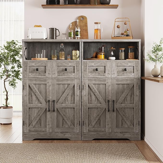Farmhouse Storage Cabinet with Drawers and Adjustable Shelves, Freestanding Kitchen Pantry Storage Cabinet, Floor Storage Cupboard for Dining Living Room Home Office, Washed Grey