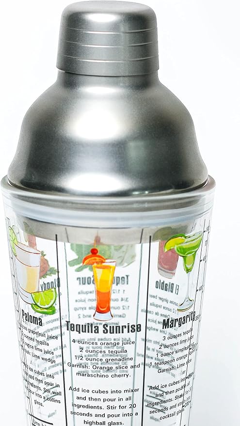 14 oz Recipe Glass Cocktail Shaker With Strainer Top - Includes 6 Cocktail Drink Recipes (Tequila Theme)