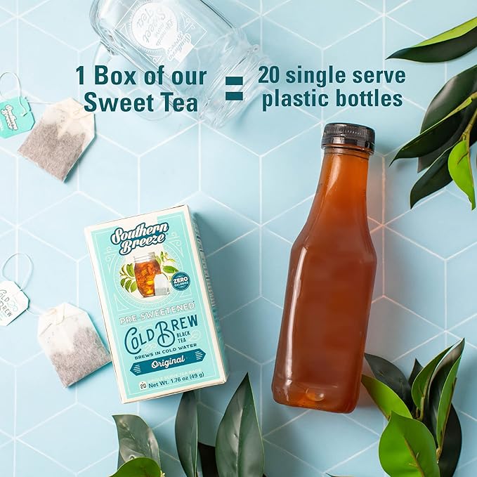 Southern Breeze Decaf Cold Brew Sweet Tea Mango Iced Tea with Black Tea and Zero Carbs Zero Sugar, 20 Individually Wrapped Tea Bags, Pack of 4