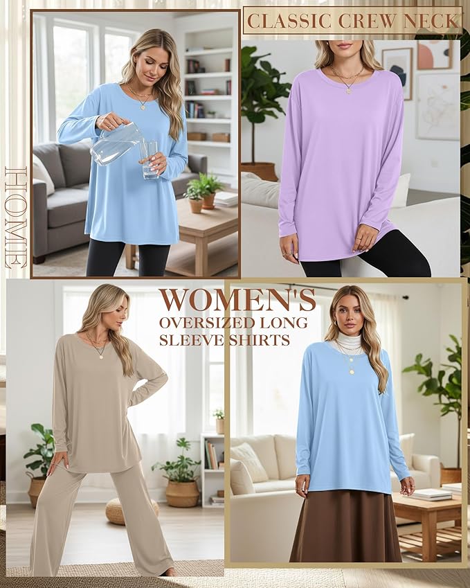Ficerd 3 Pack Women's Oversized Long Sleeve Shirts Cotton Gym Round Neck Tops Loose Fit Casual Workout Baggy Fall Basic Tee