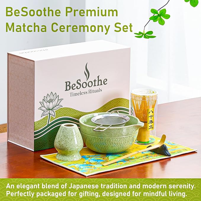 Matcha Whisk Set 8Pcs – BeSoothe Premium Japanese Tea Ceremony Kit, 8 Pcs with Spout Bowl, Bamboo Whisk & Holder, Scoop, Sifter, Tea Towel – Magnetic Gift Box for Matcha Lovers