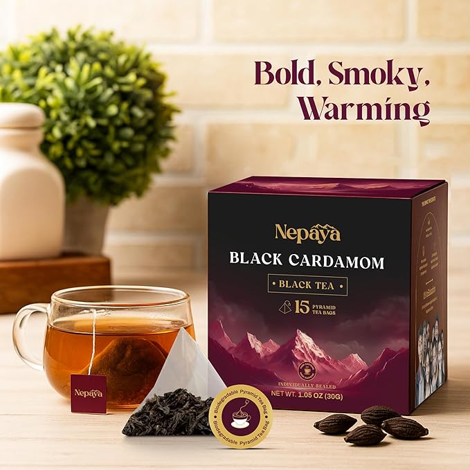 Nepaya Black Cardamom Black Tea – 15 Pyramid Tea Bags, Robust & Smoky, High Caffeine, Biodegradable, Himalayan Whole-Leaf Tea, Coffee Replacement