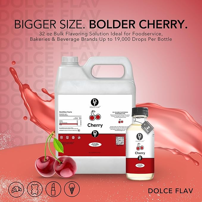 Dolce Flav Cherry Flavoring – 32 Ounce Oil-Soluble Kosher, Sugar-Free, Concentrated Fruity Flavor for Candy, Chocolates & Desserts