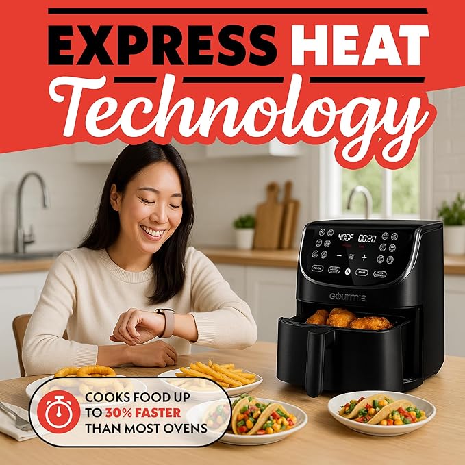 Gourmia Air Fryer - 7 Qt Large Capacity, FryForce 360º, Digital Display with 12 Presets, Roast, Bake, Broil, Dehydrate, Dishwasher Safe Accessories, Black