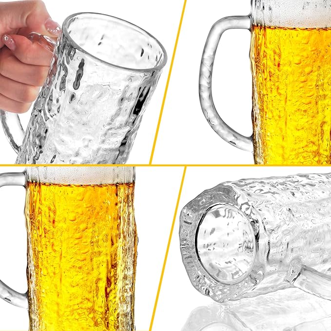 16.5oz Beer Mug, 4 Pack Glass Beer Mugs for Freezer, Clear Large Beer Steins with Handle, Gifts for Men