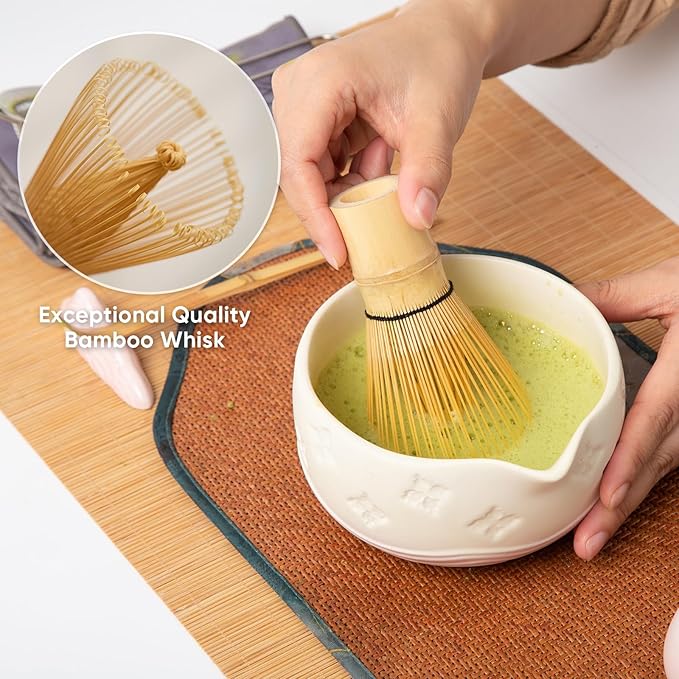 Matcha Whisk Set - Traditional Bamboo Chasen with Bowl, Complete Matcha Tea Making Kit & Starter Tools for Authentic Japanese Ceremony (Pink02, 8pcs/set,Bowl entry-level Set)