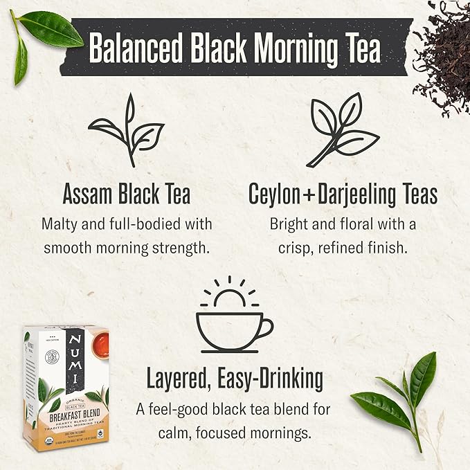 Numi Organic Breakfast Blend Tea, 18 Black Tea Bags, Flavorful Breakfast Tea