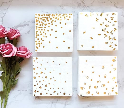 100 PK Gold Napkins - 4 Assorted Designs - 3-Ply Cocktail Napkins Folded 5 x 5 Inches Bar Napkins Disposable Party Napkins Paper Napkins Dinner for Wedding Baby Shower Birthday Graduation 2023