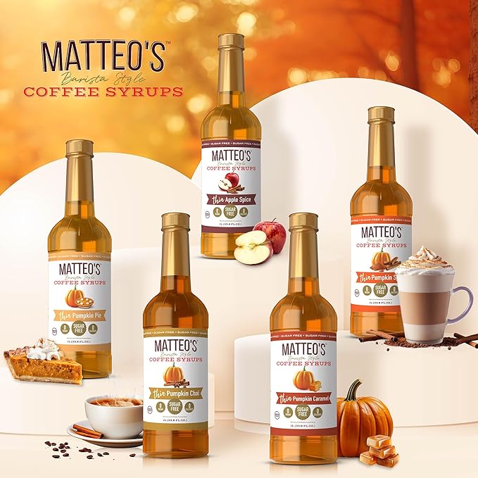 Matteo's Pumpkin Praline Syrup for Coffee, Lattes, Cappuccinos & Desserts – Sugar-Free Sweetener for Beverages, Keto Friendly, Zero Calories, Indulgent Flavor, Non-Alcoholic, 33.8oz (6pk)