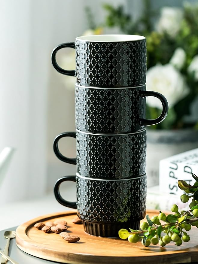 LYEOBOH Stackable Coffee Mugs Set of 4 with Rack & Spoons Coffee Mug Set 13 OZ., Ceramic Embossed Grinding Demitasse Cups Set Cappuccino Cup Halloween for Coffee, Latte, Macchiato, Espresso, Black