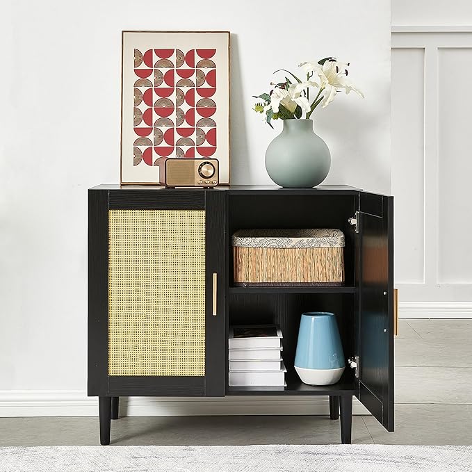 27.9 Inch Accent Sideboard Buffet Cabinet with Storage, Rattan Cabinet with Doors and Shelves, Black Farmhouse Coffee Bar Kitchen Storage Cabinets for Entryway Living Room