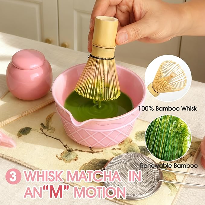 Sakura Pink Matcha Whisk Set-8pcs,Japanese Tea Set Includes Matcha Bowl with Ice Cream Design, Tea Mat and Matcha Canister, 16OZ Matcha Kit for Ceremony