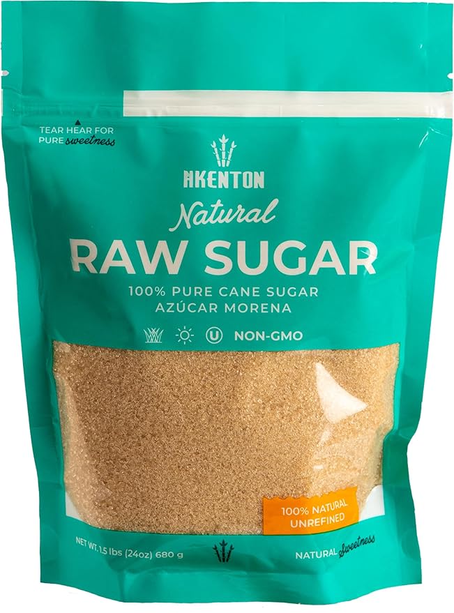 Akenton Natural Raw Cane Sugar, 3 Pound Resealable Bag | 100% Natural, Unprocessed, Unbleached, Unrefined Sugar | Gluten-Free, Vegan, Kosher | Non-GMO Project Verified
